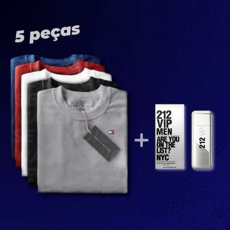 Kit 5 Camisetas Tommy - Pague 3 e ganhe 2 de graça + Perfume importado (Brinde)